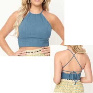 UNIQUE VINTAGE XS blue denim main squeeze halter smock crop top blouse NWT B87